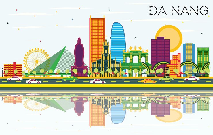Vector da nang vietnam city skyline with color buildings, blue sky and reflections. vector illustration. business travel and tourism concept with modern architecture. da nang cityscape with landmarks.