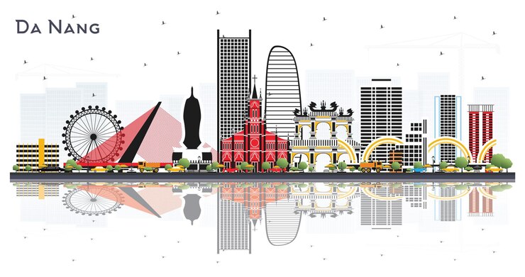 Vector da nang vietnam city skyline with color buildings and reflections isolated on white