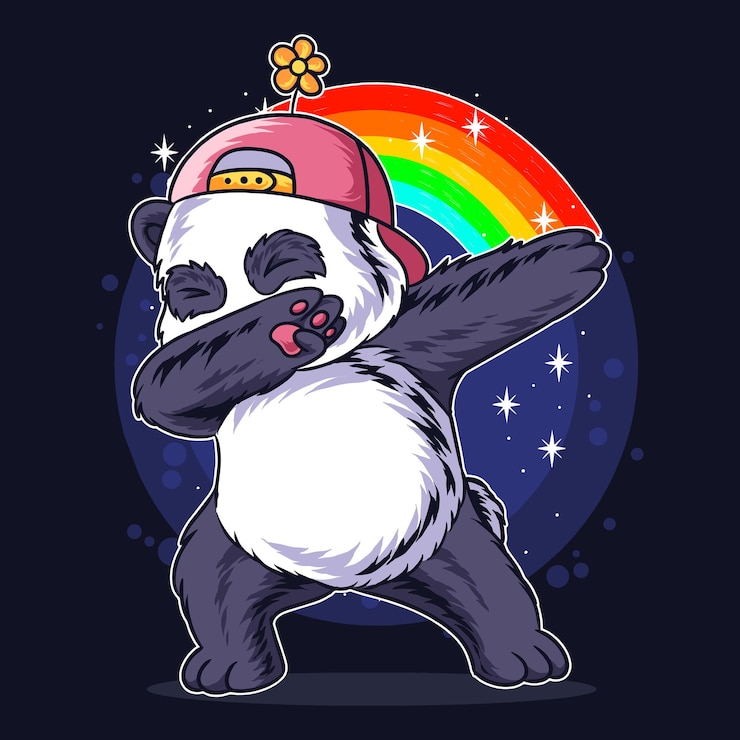 Vector the dabb style panda uses a flowery hat and there is a rainbow.