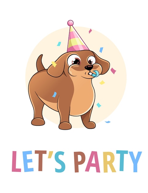 Dachshund dog in a party cap with a party horn, whistle, card illustration