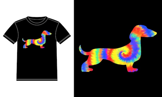 Dachshund Dog Tie Dye T-Shirt 디자인 템플릿, 자동차 창 스티커, POD, 커버, 격리된 검정색 Backgr