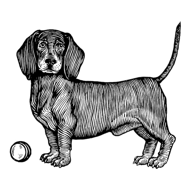 Vettore dachshund un cane con un'illustrazione vettoriale a palla grafica vintage e lavorazione a mano