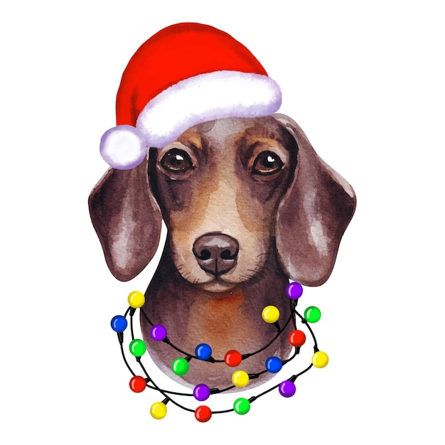 サンタさんの帽子にクリスマス ライトを持つダックスフント犬。かわいいクリスマスの子犬のイラスト。