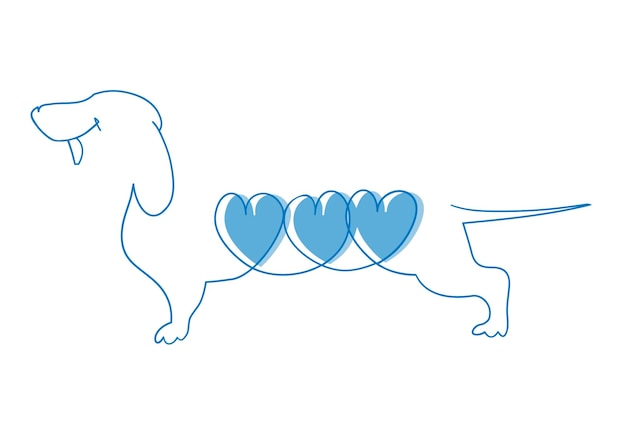 Dachshund with three blue hearts one continuous single drawing\
line flat doodle dachshund pet animal dog purebred canine\
friend