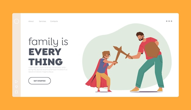 Dad and Boy Fooling Landing Page Template Happy Family Characters Playing in Knights Father and Son Fighting on Swords