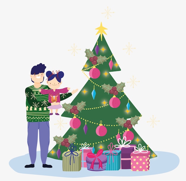 木と贈り物のメリークリスマスと小さな娘を運ぶお父さん