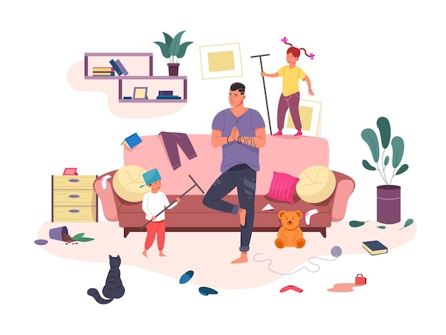 Vector dad and child chaos calm father meditates among mischievous kids family home mess parent composure happy fatherhood children play game indoor house