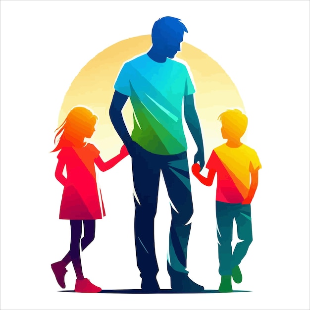 dad and children silhouette flat vector illustratio