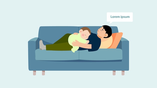 Vector dad and cute baby sleeping on the sofa