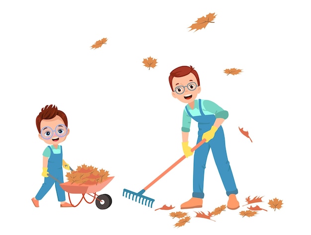 Dad and cute boy cleaning dried leaves