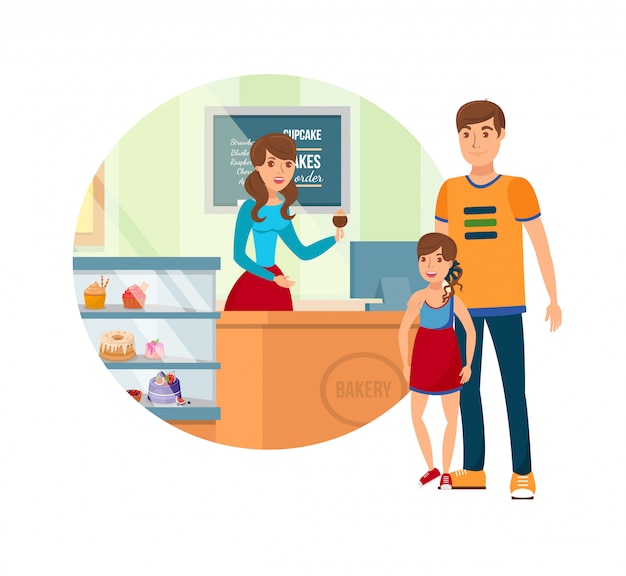 Vector dad and daughter in bakery isolated design element