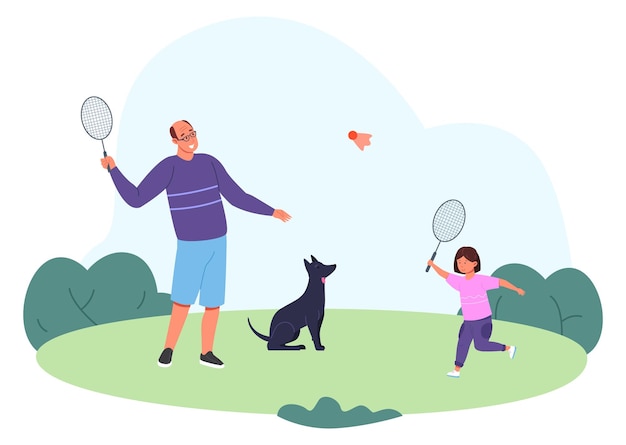 Vector dad and daughter playing badminton together summer outdoor scene