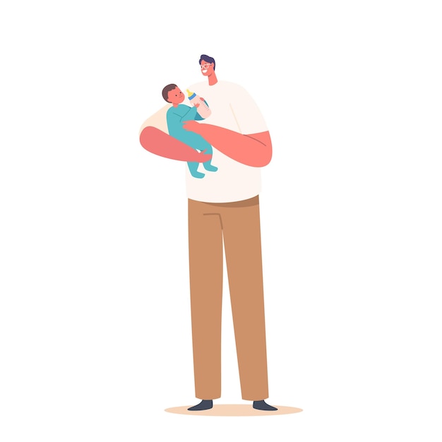 Vector dad feed newborn baby with bottle male character on maternity leave single father raising child little baby with dad