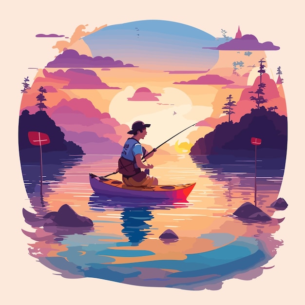 Vector a dad fishing with his son in a river with a sunset background back view