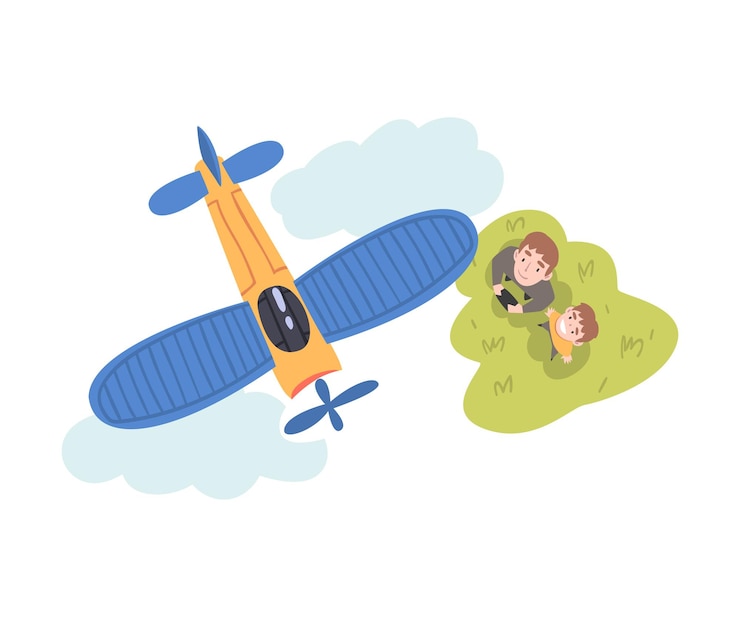 Vector dad and his son launching airplane model parent and son spending time together outdoors cartoon style vector illustration