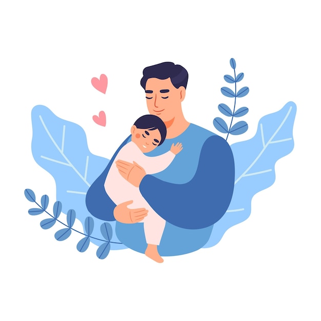 Vector dad holds his baby with care and love concept of fatherhood and family flat vector illustration