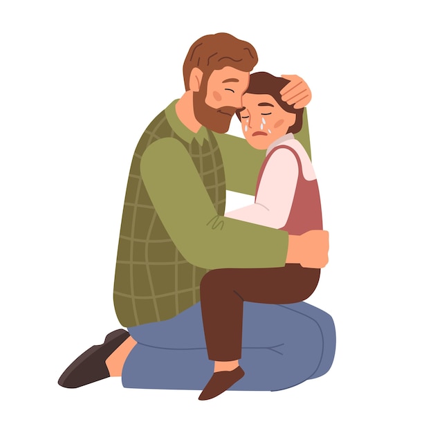 Vector dad hugging and comforting crying daughter