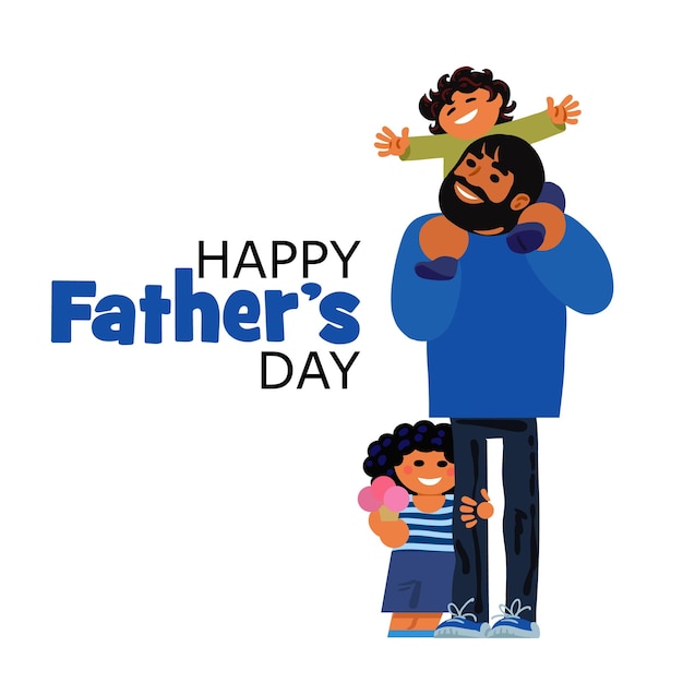 Vector dad is carrying his sons on his shoulders other son is hugging him happy father's day card