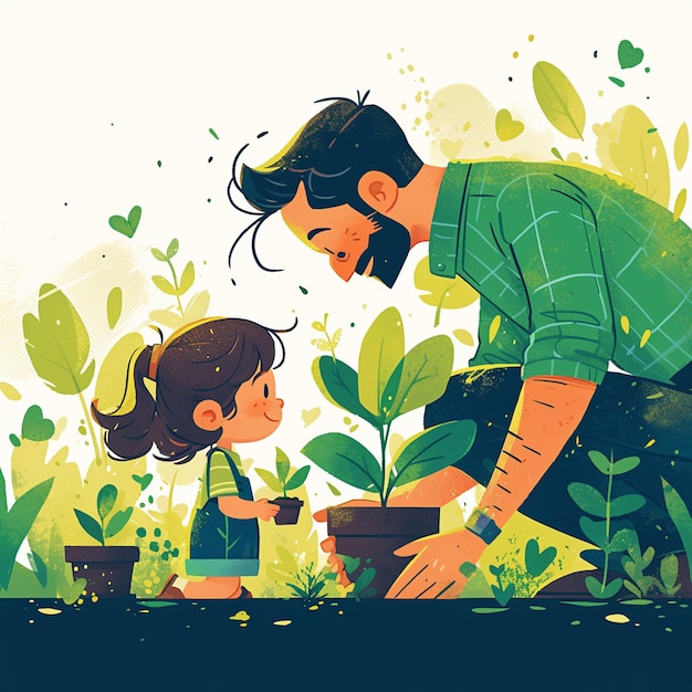 Vector dad and kids gardening together