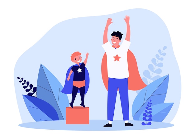 Dad and little son playing superhero flat illustration