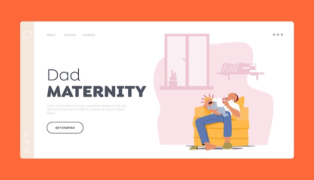 Dad Maternity Landing Page Template Tired Parent with Crying Child at Home Fatigue Father Character Sleep on Armchair