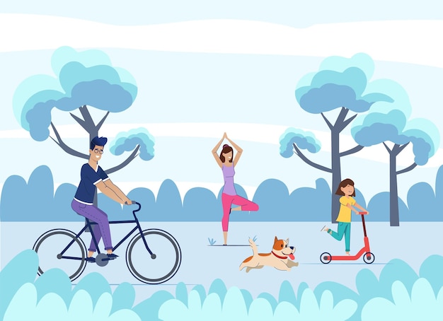 Vector dad rides a bicycle, daughter on a scooter, mom practices yoga, dog runs. summer vacation. family holiday on the natural landscape background. vector illustration. people outdoor in park on weekend.