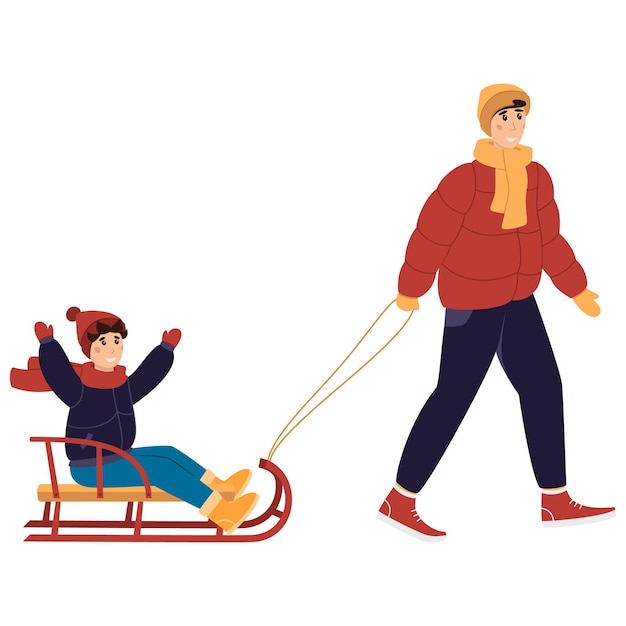 Dad rides a happy son on a sled. new year, christmas, vector