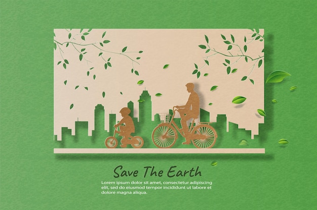 Vector dad and son enjoy riding bikes in green city, save the planet and energy concept.
