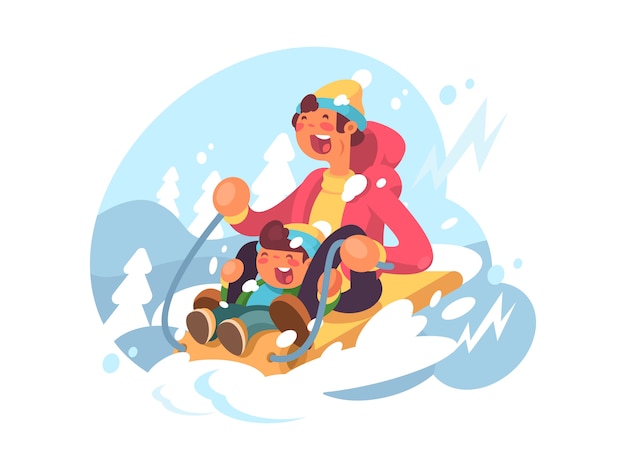 Dad and son sledding down hills in winter.  illustration