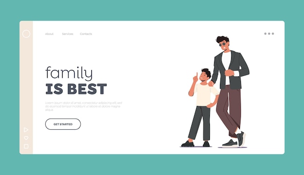 お父さんと息子が一緒に時間を過ごすランディングページテンプレート。幸せな家族のキャラクターは子供と若い父を作りました