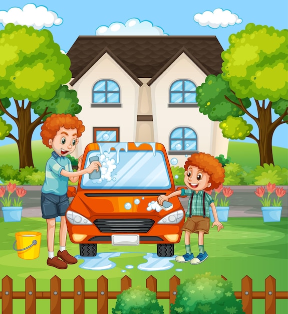 Dad and son washing car in front of the house scene