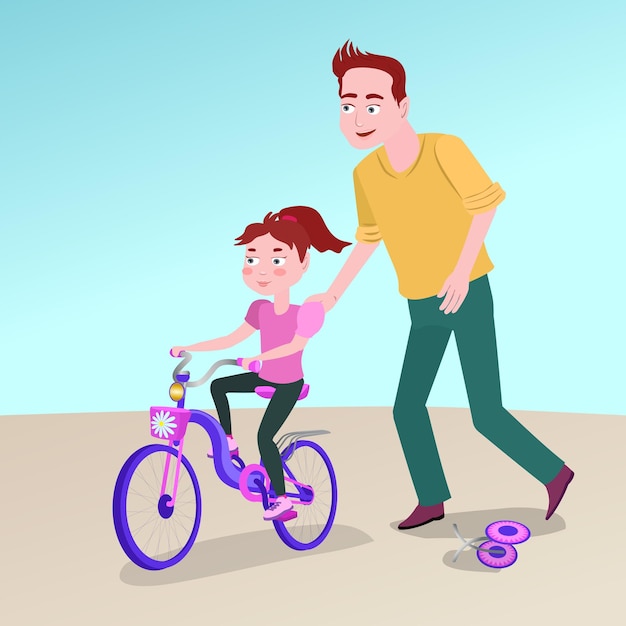 お父さんは娘に自転車に乗るように教えます
