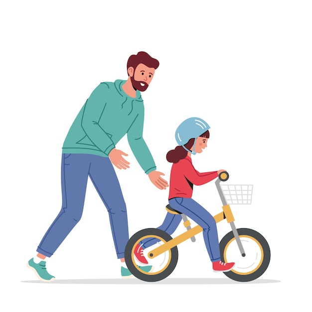 딸에게 처음으로 균형 자전거를 타는 것을 가르치는 아빠 아버지 돕는 소녀 아이 자전거 타기