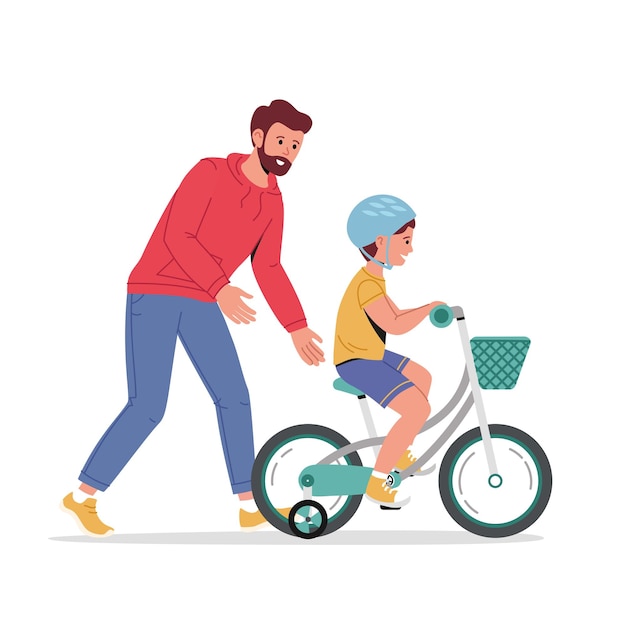 dad teaching little son in helmet to ride bike for first time Father helping boy kid riding bicycle