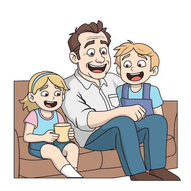 dad and two children fathers day cartoon illustration