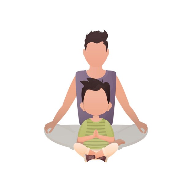 Dad with a little son sit meditate in the lotus position Isolated Cartoon style