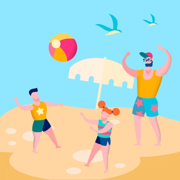 Daddy and kids playing ball game flat illustration