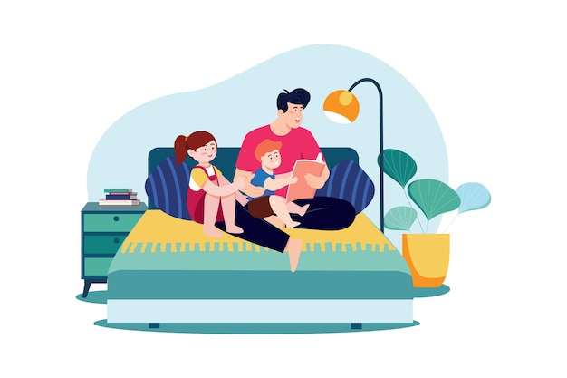 Vector daddy and kids sitting together with storybooks