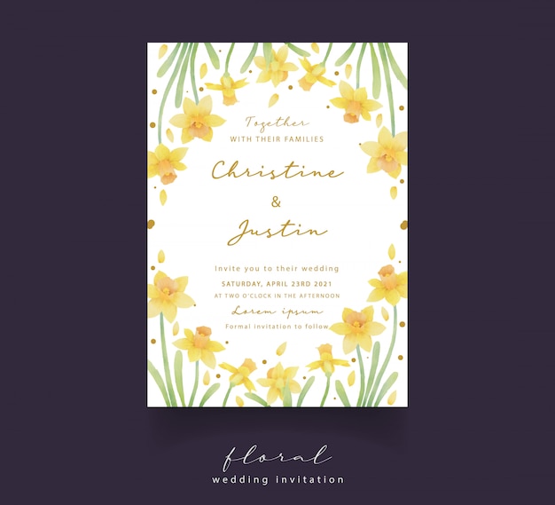 Vector daffodil flowers watercolor wedding invitation