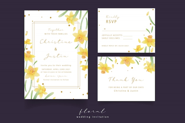 Daffodil flowers watercolor wedding invitation