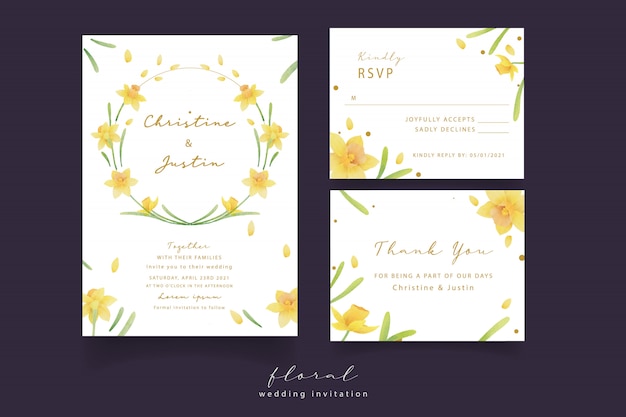 Daffodil flowers watercolor wedding invitation