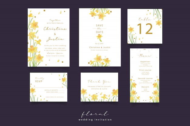 Daffodil flowers watercolor wedding invitation