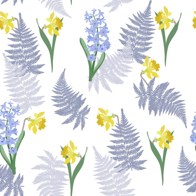 Vector daffodils and hyacinths seamless vector illustration for decoration of textiles packaging wallpaper web design