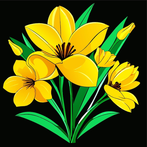 Vector daffodils and yellow tulips flower with green leaves