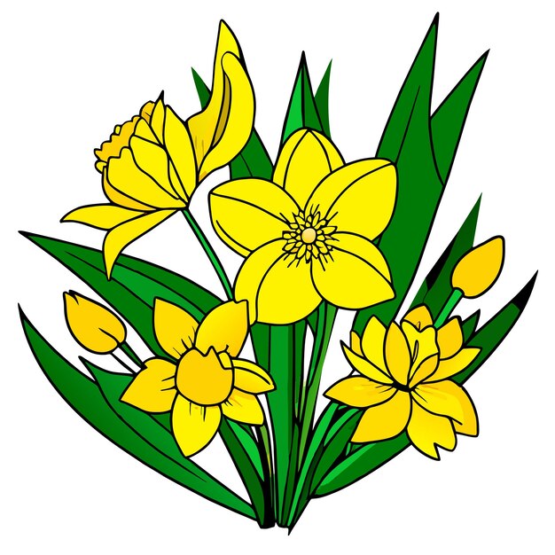 Vettore narcisi e tulipani gialli fioriscono con foglie verdi