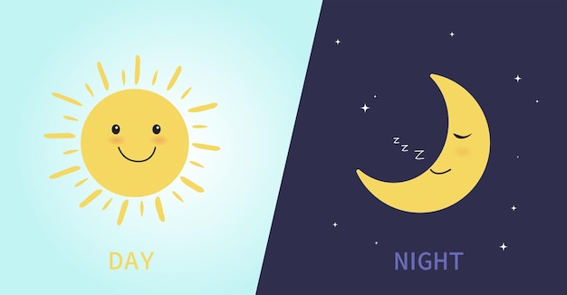 Dag en nacht met schattige zon glimlachen en maan slapen