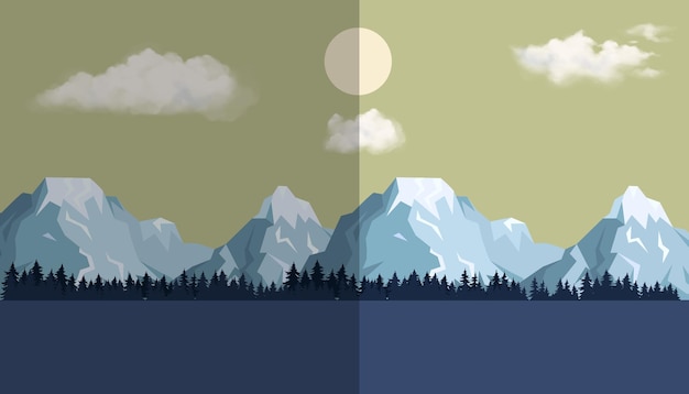 Dag en nacht vectorontwerp van het berglandschap geschikt voor de achtergrond van de behangbanner enz