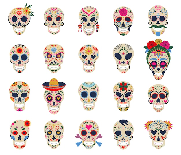 Dag van de dode schedels dia de los muertos traditionele mexicaanse suiker menselijk hoofd botten vector symbolen