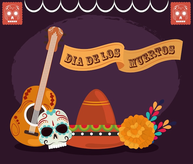 Dag van de doden, catrina hoed gitaar en bloemen kaart, Mexicaanse viering vectorillustratie