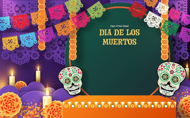 Vector dag van de doden dia de los muertos 3d podium rond vierkant podium met papier gesneden